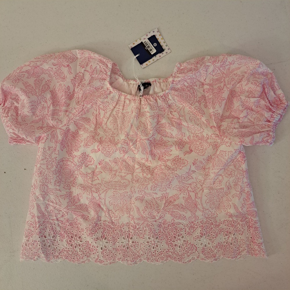 Roller Rabbit‎ Shirt Girls M Pink New Floral Eyelet Puff Sleeve 1154-200-B8